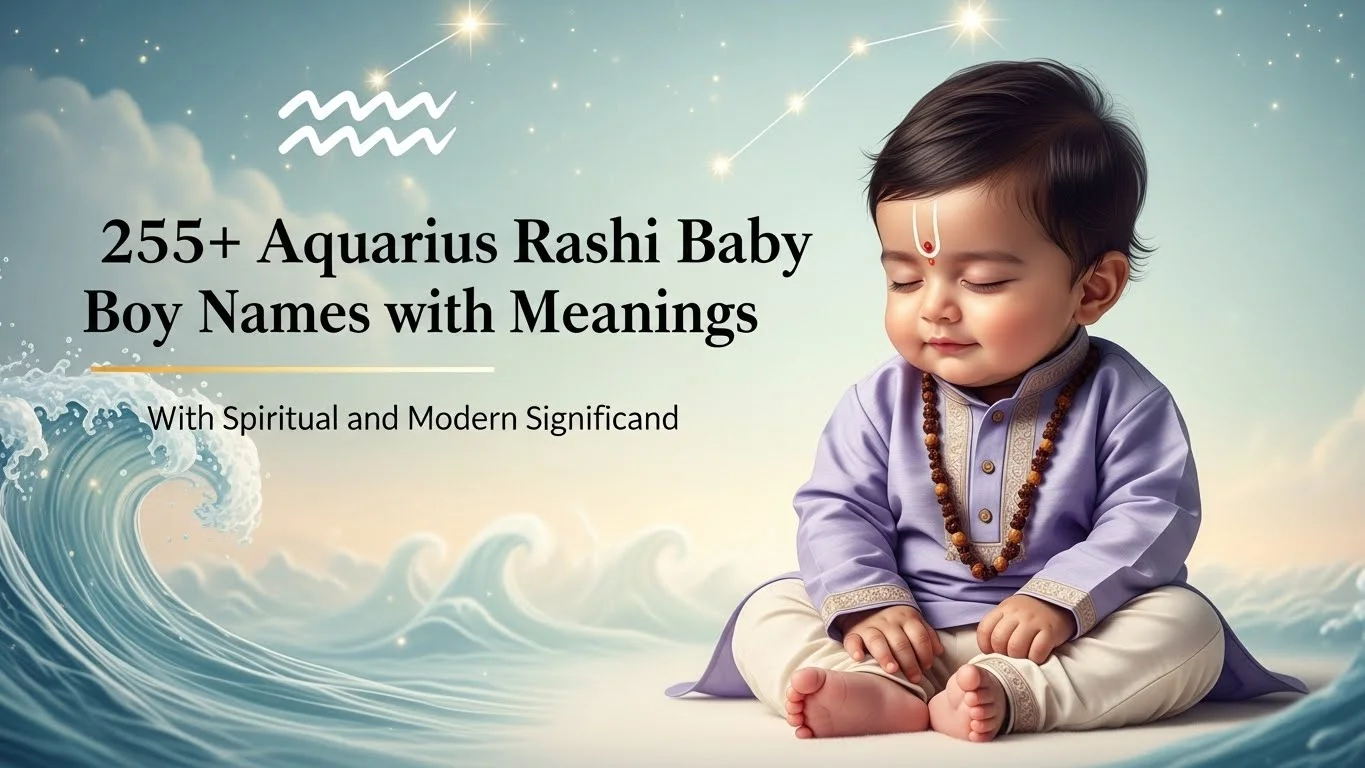 Aquarius Rashi baby boy names with meanings, featuring a peaceful baby boy and Aquarius constellation background